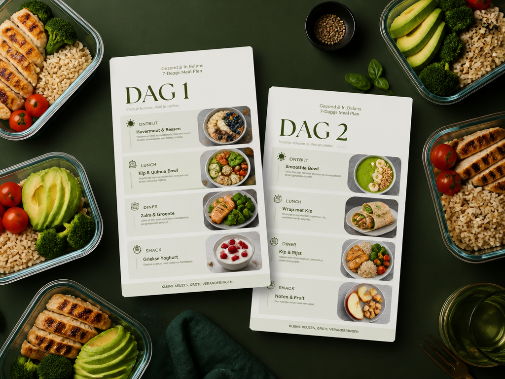 Ebook pagina's met dagmenu's voor dag 1 en dag 2 inclusief ontbijt, lunch en avondeten