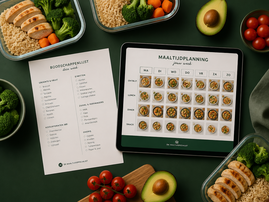 Wekelijkse boodschappenlijst uit het ebook met categorieën zoals groente, fruit, eiwit, granen en kruiden